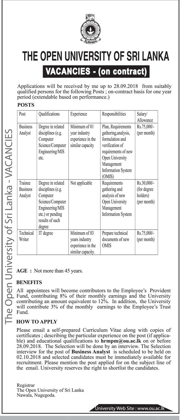 Business Analyst, Trainee Business Analyst, Technical Writer - The Open University of Sri Lanka